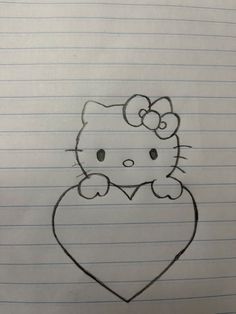 a drawing of a hello kitty sitting on top of a heart shaped piece of paper