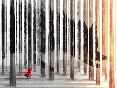 a red bird sitting on top of a wooden floor next to tall poles and trees