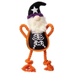 an orange and black halloween decoration with a skeleton on it's head, wearing a hat