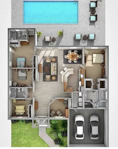 an overhead view of a floor plan for a house with two cars parked in the driveway