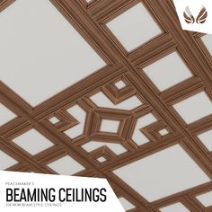 the ceiling is made out of wood and has white squares on it with brown trim