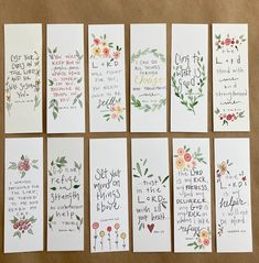 six cards with flowers and words on them, all lined up in different rows together