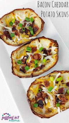 bacon cheddar potato skins on a white plate