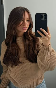 Prettiest Brunette Hair Color, Hair Trends Winter 2023, Winter 2023 Hair Color Trends Brunette, Black To Brown Hair Before And After, Chocolate Brown Hair With Layers, Warm Honey Brown Hair Brunettes, 2023 Winter Hair Trends, Chestnut Hair Color Dark, Chocolate Brown Hair With Bangs