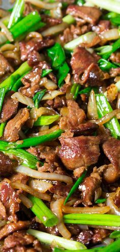 stir fry with meat and green onions on a plate