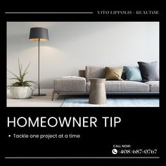 an advertisement for a homeowner tip with a couch and lamp in the background