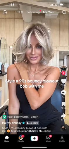 Short Bouncy Blowout, Short Hair Blowout With Bangs, Blonde Bob Blowout, How To Style Long Bob, Short Hair Blowout Styles, Shoulder Length Blowout, Bob Inspiration, Bouncy Bob, Short Hair Blowout