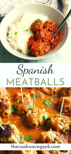 meatballs and rice in a white bowl with the words spanish meatballs above it