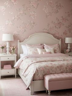 a bedroom with pink flowers on the wall and white bedding, nightstands and lamps