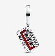 a red and white tape cassette charm on a silver plated chain with black eyes