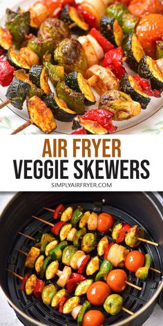 an air fryer with vegetables and skewers on it, next to the same image