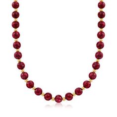 Ross-Simons - 215.00 ct. t.w. Ruby Bead Necklace with 14kt Yellow Gold. 20". This necklace is a gorgeous display of elegant emeralds! An impressive collection of 215.00 ct. t.w. round faceted ruby beads glow a crimson red among 4mm 14kt yellow gold spacer beads. Springring clasp, ruby bead necklace. Ruby birthstones are the perfect gift for July birthdays. Formal Round Necklace With Faceted Beads, Formal Faceted Beads Round Necklace, Round Faceted Beads Necklace For Formal Occasions, Formal Round Necklaces With Faceted Beads, Formal Rondelle Faceted Beads Jewelry, Formal Yellow Gold Necklaces With Gemstone Beads, Formal Yellow Gold Necklace With Gemstone Beads, Formal Faceted Briolette Necklaces, Formal Briolette Faceted Necklace