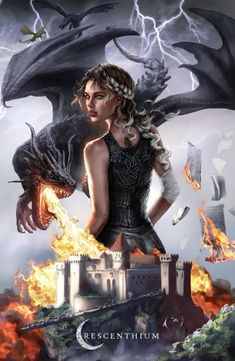 a woman standing on top of a castle next to a black dragon flying over her head