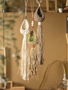 three macrame hangings with plants in them on a shelf next to a potted plant