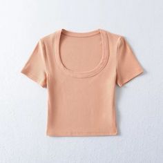 Lasaky - Ribbed Cotton Cropped Short-Sleeve Shirt with Low Round Neck and High Waist Light Orange, Vest Top, Types Of Collars, Short Sleeve Shirt, Workout Clothes, Sleeve Shirt, Types Of Sleeves, Off Shoulder, High Waist