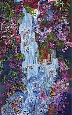 an abstract painting with flowers and plants in blue, pink, purple and green colors