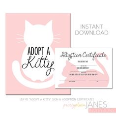 the adopt a kitty certificate is shown with an image of a cat in pink and white