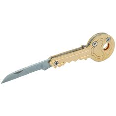 a gold colored pocket knife with a metal handle and two keys on each side,