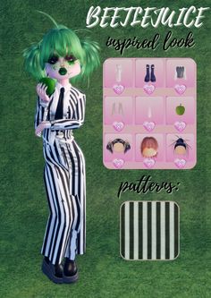 a girl with green hair and black and white striped pants is standing in front of a screen