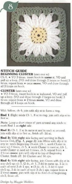 a crocheted square with a white flower on the front and bottom, along with instructions to make it