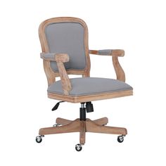 an office chair with wheels and grey upholstered fabric on the armrests