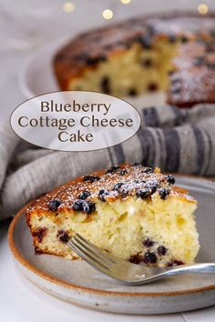 a slice of blueberry cottage cheese cake on a plate