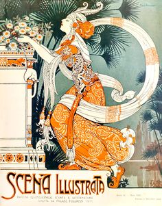 an orange and white poster with a woman holding a vase in her right hand, surrounded by palm trees