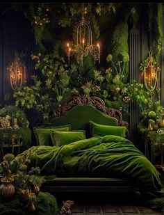 a bed with green comforters and pillows in a room filled with plants, candles and lights