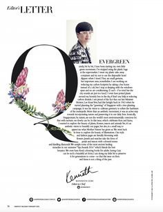 an advertisement with the letter q and flowers on it's back side, in black ink