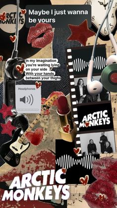 a collage of music related items including an earbud, headphones and hearts