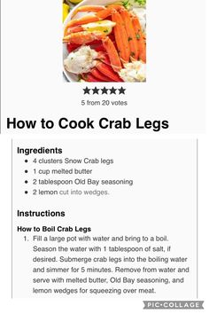 the instructions for how to cook crab legs in 3 easy steps, including instructions on how to