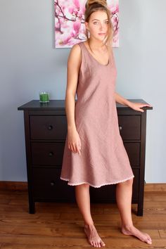 "Nightgown GRETA. Absolutely lovely, luxurious nightdress from pure softened linen fabric. Bias cut for a flattering, body sweeping sleeveless fit with a round neckline, knee-length for ease of movement, a bottom of the nightgown is finished with laces. Providing cool comfort for hot summer nights and warmth for cold winters, you can get all the comfort and ease you need while sleeping.Since this night dress is easy wash and dry, it's highly recommendable for daily use. Length from shoulder seem Cotton Sleeveless Relaxation Dresses, Cotton Sleeveless Dress For Relaxation, Sleeveless Cotton Dresses For Relaxation, Sleeveless Spring Dress For Relaxation, Sleeveless Spring Dress For Casual Wear, Linen Sleeveless Dress For Loungewear, Linen Sleeveless Loungewear Dress, Sleeveless Linen Dress For Loungewear, Sleeveless Linen Loungewear Dress