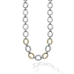 Three pavé diamond links, 18k gold and sterling silver create this classic link necklace. LAGOS diamonds are the highest quality natural stones. Diamond Collection, Link Necklace, Pave Diamonds, Natural Stones, Two Tone, 18k Gold, Jewelry Accessories, Diamonds, Yellow Gold