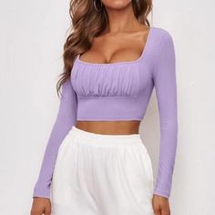 Shein Cropped Long Sleeve Never Worn, Brand New Xs Purple More Vibrant In Person, The Lighting Is Just Bright In My Pics Super Flattering Around The Chest Area Purple Top Outfit, Light Purple Shirt, Lilac Crop Top, Purple Crop Top, My Pics, Cropped Long Sleeve, Crop Top Outfits, Pastel Purple, Purple Top