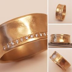 18K Wide Cigar Band Ring with 18 Small Flush Set Diamonds, Unique Solid Gold Wide Wedding Band