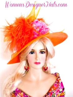 Women's Designer Wide Brim Orange Straw Braid Kentucky Derby Church Hat With Feathers And A Pink Millinery Flower. This Special Occasion Hat Is Suited For Horse Racing, Horse Races, Weddings, Formals, Holiday And Spring And Summer Garden Tea Parties. Custom Made And Designed By Women's Designer Hats At hatswomens.com And nyfashionhats.com Head Size: 22.5 Inches Brim Measures 5″ Style: Wide Brim Hat Condition: New Custom Made All Sales Are Final. Orange Designer Church Hats By Hats For Woman Mill Special Occasion Hats, Mother Of The Bride Hats, Racing Horse, Custom Made Hats, Horse Races, Royal Ascot Hats, Bridal Fascinator, Church Hat, Bridal Hat