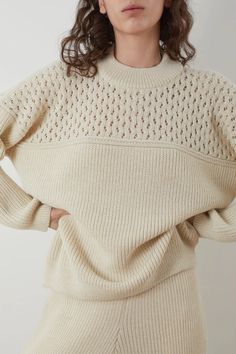 Boxy, bulky pullover with an intricate lace stitch across the front and back chest, and stitch details around the arms. A wide rib collar and rib edges. This is a bulky gauge, making it a warm and substantial sweater. 100% certified RAS Alpaca Made in Peru Land Management, Cozy Pullover, Animal Welfare, Lace Knitting, Scandinavian Style, Women Pullover, Textile Design, Style Icons, Style Guides