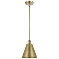 a brass colored pendant light fixture with an open cone design on the top and bottom