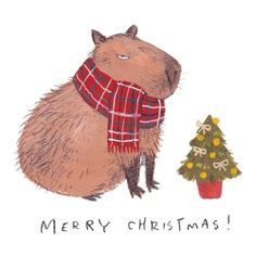 a drawing of a rodent wearing a scarf and standing next to a christmas tree