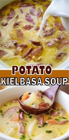 potato kielbasa soup in a white bowl with a spoon full of the soup