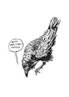 a black and white drawing of a bird with a speech bubble in it's mouth