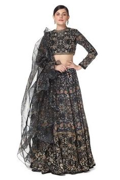 Black lehenga with floral printed motifs. Comes with embroidered blouse and organza dupatta.
Components: 3
Fabric: Georgette, Organza, Dupion
Neckline: Round
Sleeve Length: Full
Color: Black
Printed
Ruffle dupatta
Embroidered neckline
Floral printed motifs - Aza Fashions Ruffle Dupatta, Printed Lehenga, Black Lehenga, Women's Outfits, Organza Dupatta, Embroidered Neckline, Top Designer Brands, Embroidered Blouse, Luxury Women