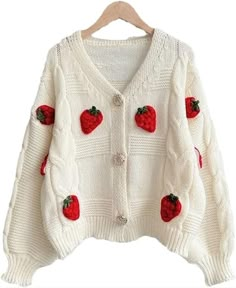 Strawberry Knit, Cardigan Aesthetic, Korean School, Kawaii Strawberry, Knit Cropped Sweater, Unique Sweaters, Cropped Cardigan Sweater, Cute Cardigans, Sweater Cute