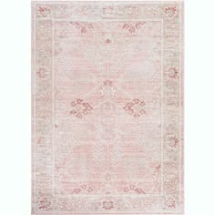 a pink rug with an ornate design on the top and bottom, is shown in full view