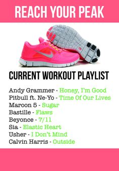 a pair of pink shoes with the words, reach your peak current workout playlist