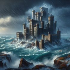 a painting of a castle in the middle of a stormy sea with birds flying over it