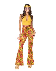 Get your groove on in these vibrant bell bottom pants! Complete your '60s or '70s-inspired costume with these fashion-forward flares. Featuring a fun flower print in yellow, orange, and pink hues, these pants pack major flower power. An attached belt wraps around the waist for a uniquely cool finishing touch. Material: Polyester, spandex Care: Hand wash cold Imported Note: Top and accessories sold separately 70’s Fashion Hippie, 70s Fashion Pants, Black 70s Fashion, 70s Themed Outfits, Hippie Outfits 70s, 70s Outfits Party, 70s Party Outfit, Hippy Costume, 70s Fashion Women