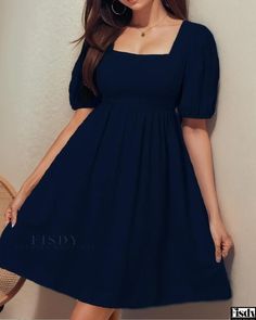 Fisdy - Elegante vestido de línea A con escote cuadrado y mangas abullonadas Puffed Sleeves Outfit, Dress With Square Neck, Square Neckline Dress, Dress With Square Neckline, Princess Sleeves, Sleeveless Bodycon Dress, Square Neck Dress, Comfortable Style, Mid Length Skirts