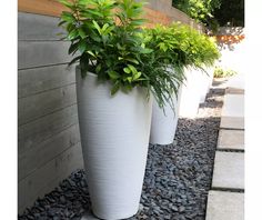 two large white planters sitting next to each other on top of a stone walkway