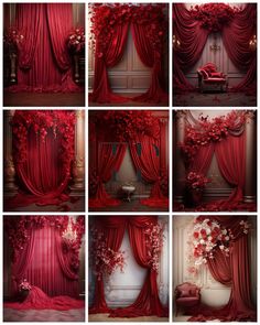 red curtains with white flowers on them are arranged in different positions to create a dramatic backdrop